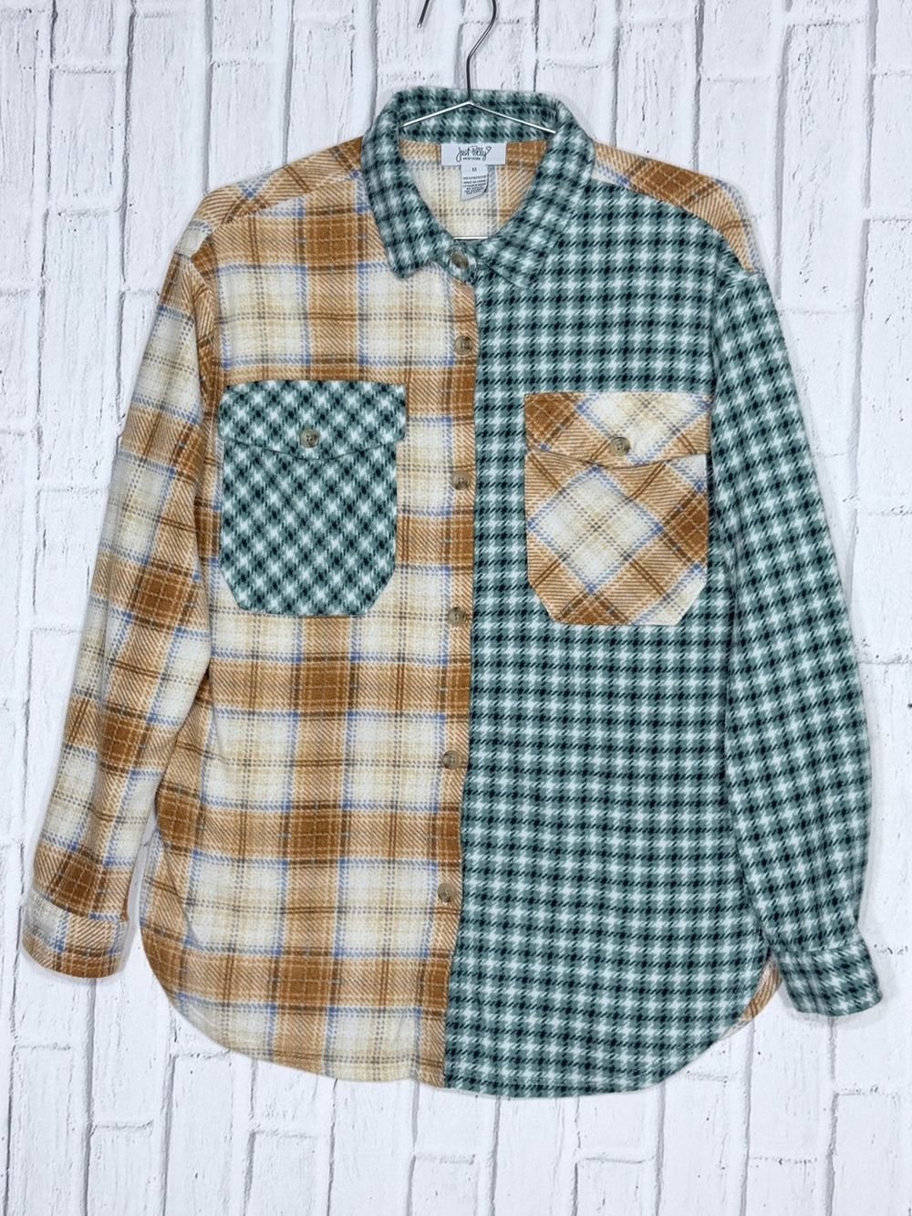 š¤ Just Polly Mixed Plaid Fleece Shacket Colorblock Button Up Medium